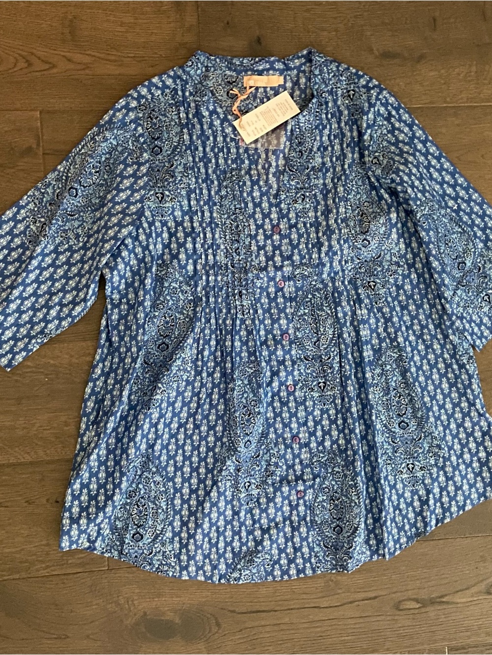 La Cera Womens 2X Blue Paisley 100% Cotton Boho Tunic Top NWT - Picture 2 of 6